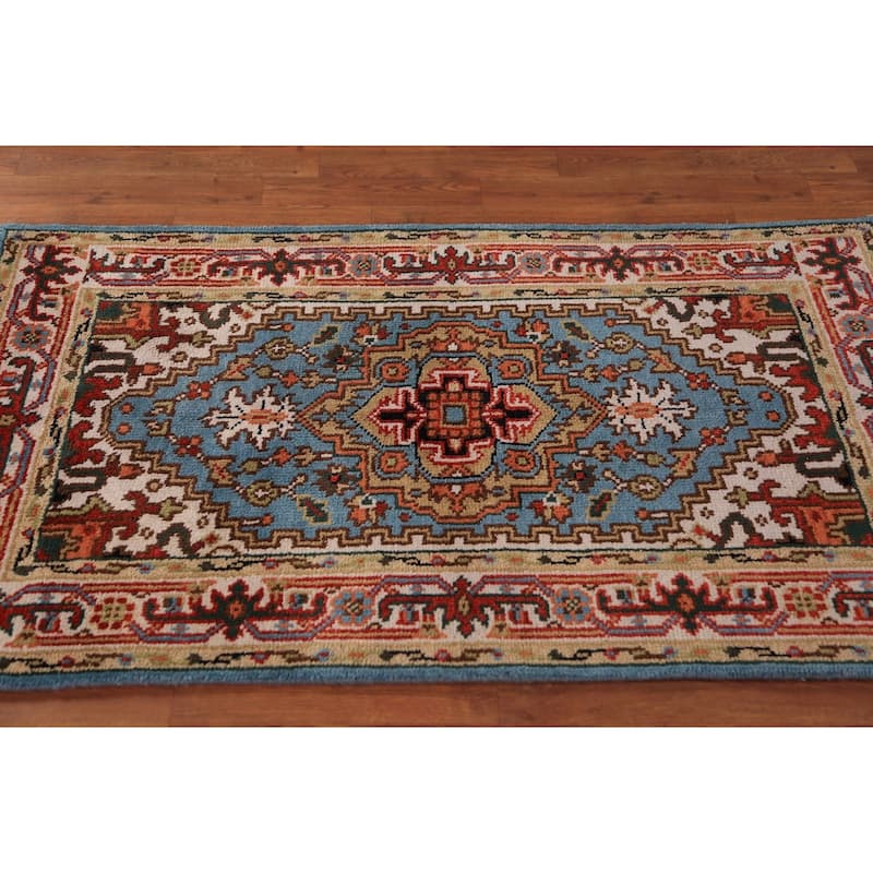 Light Blue Geometric Heriz Serapi Foyer Rug Handmade Wool Carpet - 3'0"x 5'0"