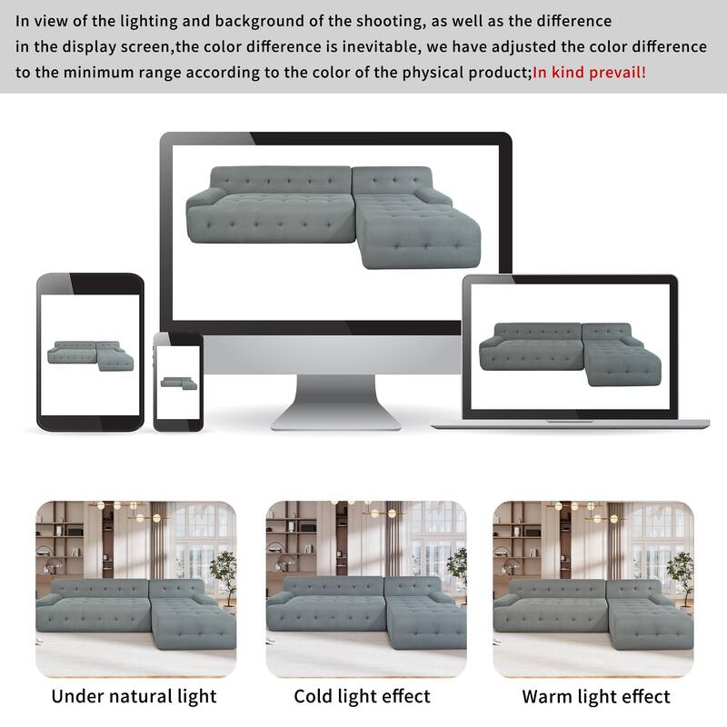 Modern Large L-Shaped 2-Piece Modular Sofa, Grey Polyester, for Living Rooms