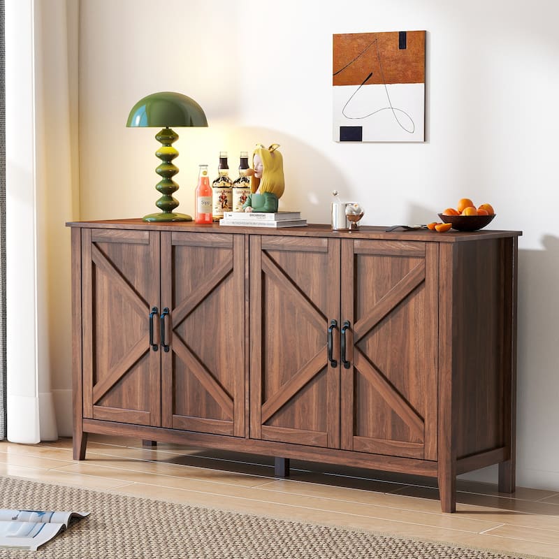 Roomfitters Sideboard Cabinet with 4 Doors and Open Shelves, Freestanding Storage Cabinet, Walnut