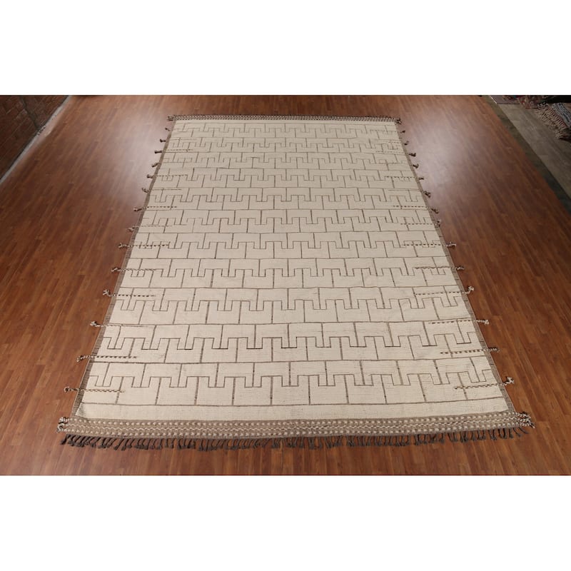 Modern Moroccan Large Rug Handmade Beige Wool Carpet - 11'10"x 16'1"