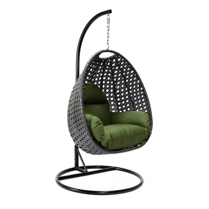 LeisureMod Charcoal Single Seater Rattan Wicker Egg Swing Hanging Chair for Indoor Outdoor Patio Porch Backyard Garden - Dark Green