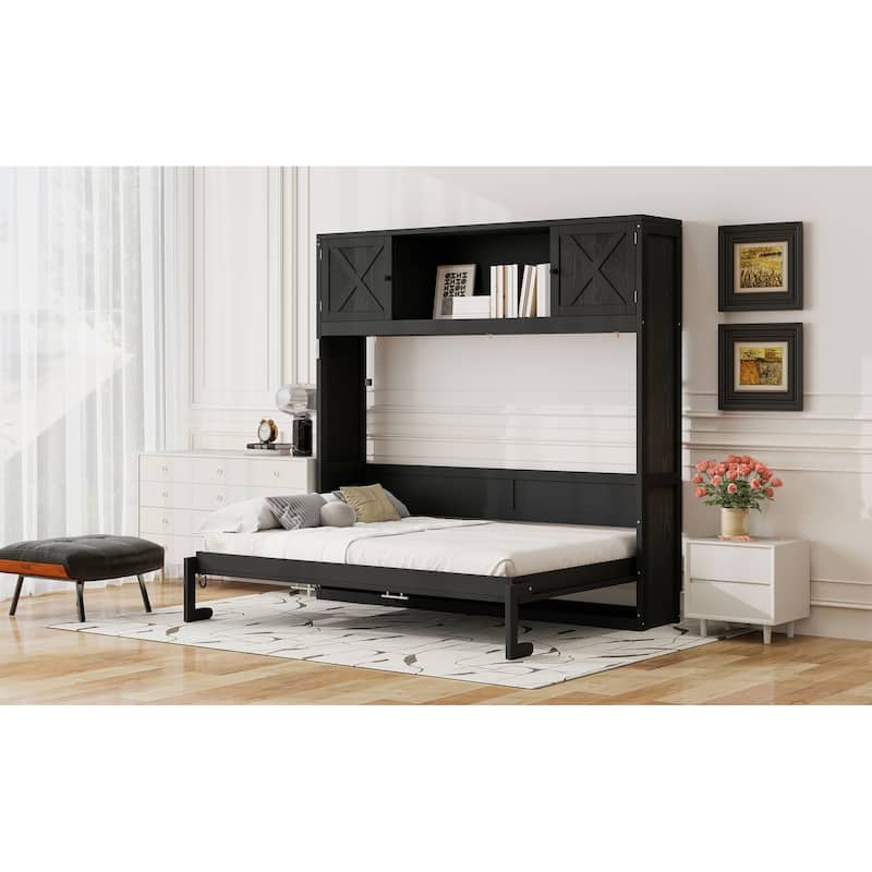 Black Murphy Bed Full Size Foldable Platform Bed with Top Storage Cabinets, Space Saving Cube Cabinet Bed Frame