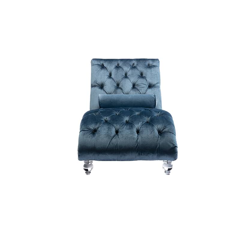 Velvet Tufted Chaise Lounge Chair Ergonomic S Shape Recliner with Pillow, Nailhead Trim and Acrylic Legs for Indoor Use