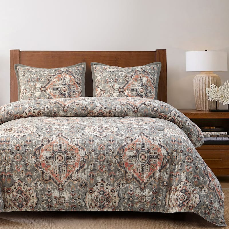 HiEnd Accents Carmen Taupe Linen Medallion Vintage Kilim Modern Rustic 3 Piece Comforter Set