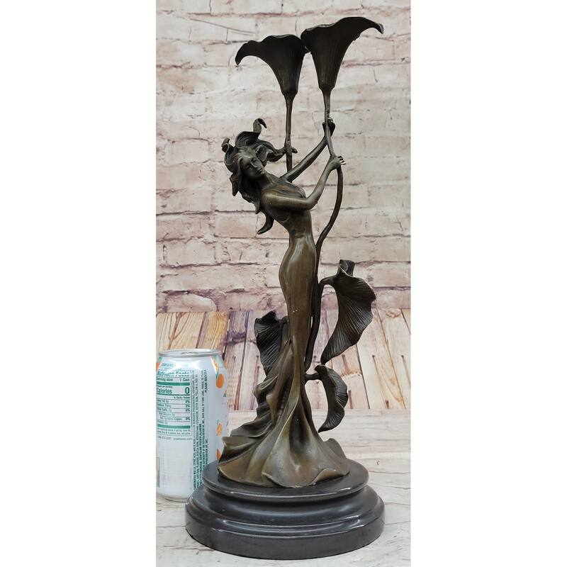 Tulip Young Girl Candlestick Statue Bronze Art Deco Candleholder Sculpture