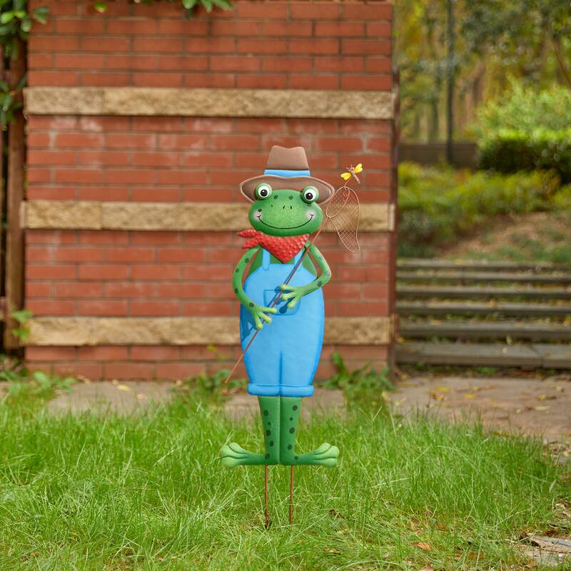 Glitzhome Metal/Wood Frog Stacked Mushroom Welcome Sign Yard Stakes Garden Wall Decor