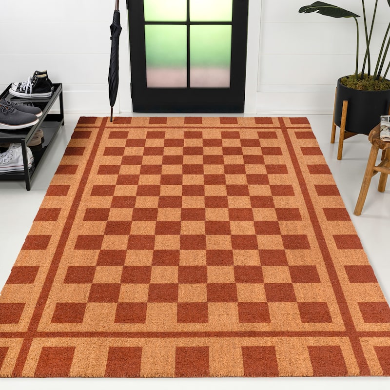 Harper Classic Farmhouse Checkerboard Coir Indoor/Outdoor Area Rug - Natural/Red - 3 X 5