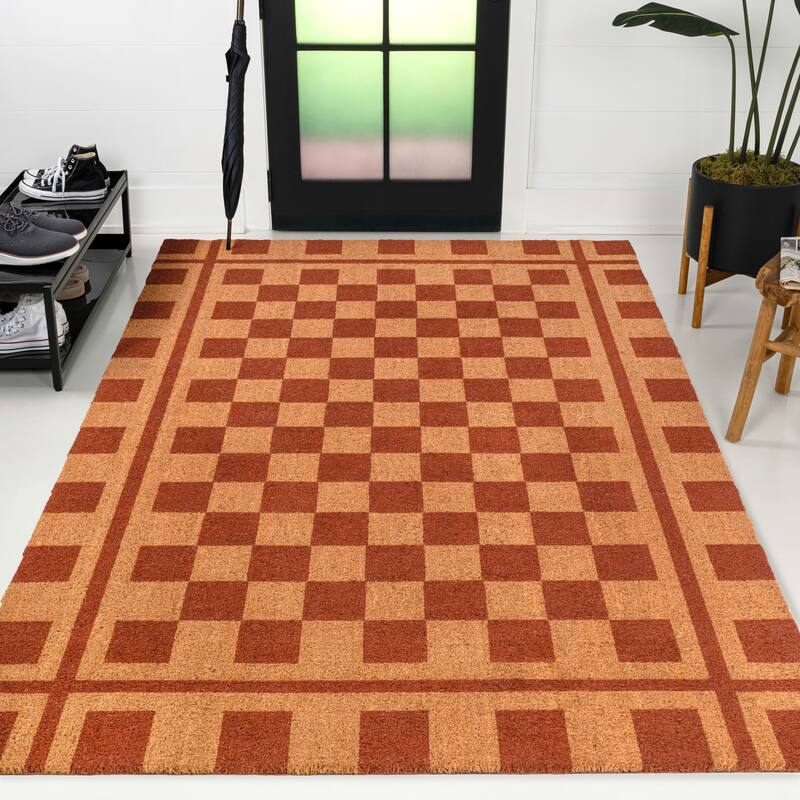 JONATHAN Y Classic Natural Coir Indoor/Outdoor Mat - Natural/Red - 4 X 6