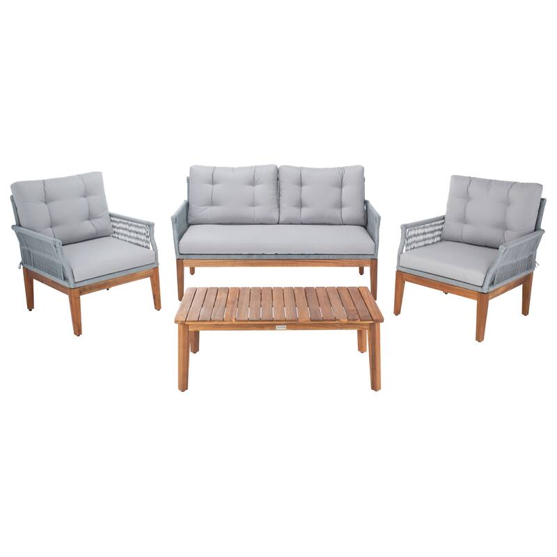 SAFAVIEH Outdoor Living Winslo 4-Piece Patio Set - 57"W x 30"D x 31"H - Grey Rope/Grey Cushion/Natural Legs