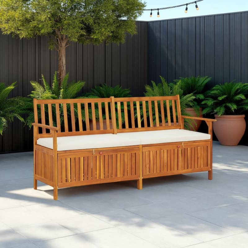 Outdoor Storage Bench, White Fabric Cushion, 66 Inch Brown Acacia Wood