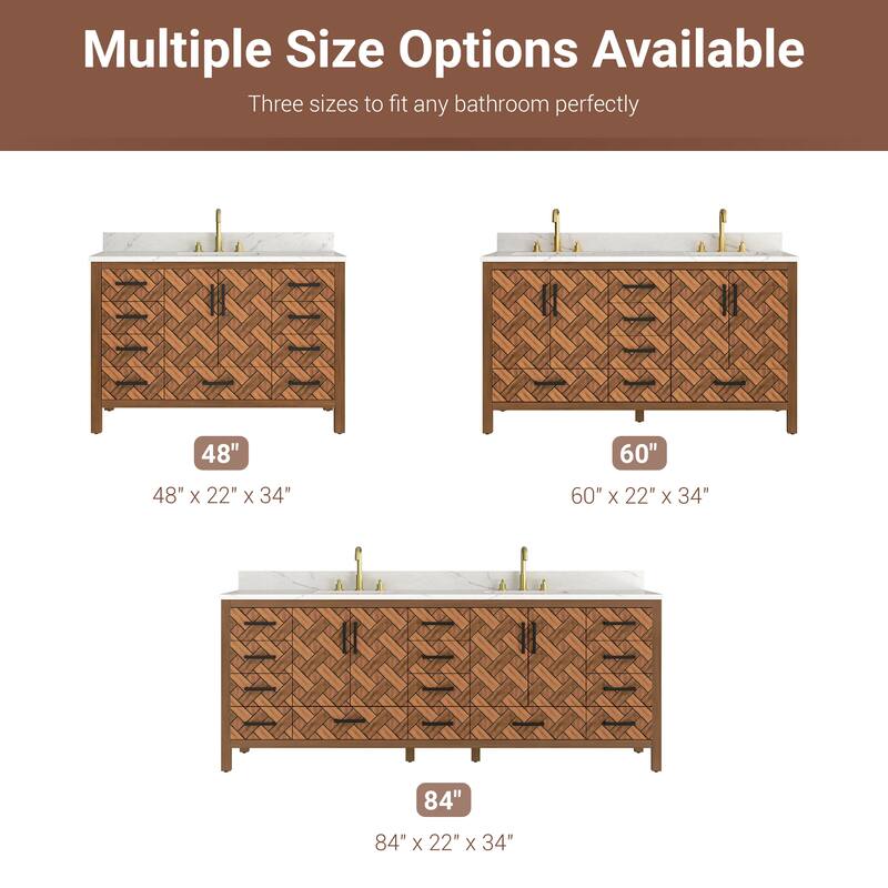 84" Freestanding Bathroom Vanity with Engineered Stone Top, Ceramic Double-Sink, Built-In Power Outlet, and Hair Dryer Storage