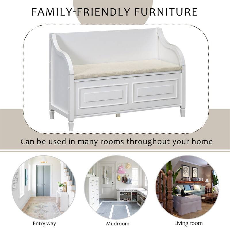 Solid wood Entryway Multifunctional Storage Bench with Safety Hinge