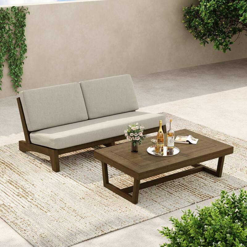 3-Seat Outdoor Sofa Set with Solid Wood Coffee Table, Weather-Resistant Cushions - Light Camel/Coffee Table - Brown Wood