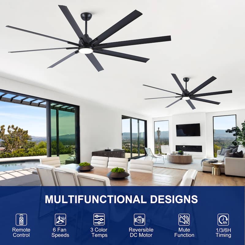YUHAO 84 In. Indoor/Outdoor Modern Industrial Large Windmill Aluminum Blade Ceiling Fans With Lights, Quiet DC Motor and Remote