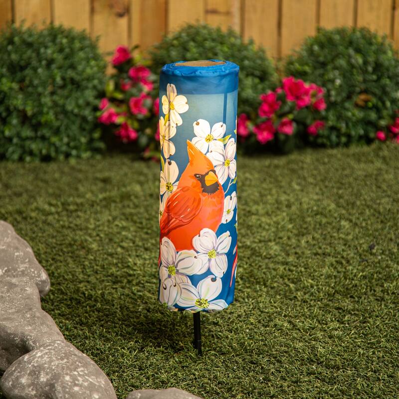 15 in. Spring Dogwood Cardinal Pillar Fabric Garden Stake Cover