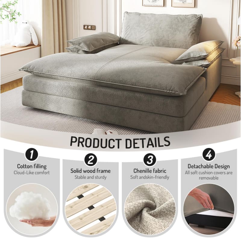 Oversized Double Chaise Lounge Chair, Upholstered Chenille Reading Chair with Large Pillows & Wide Armrests