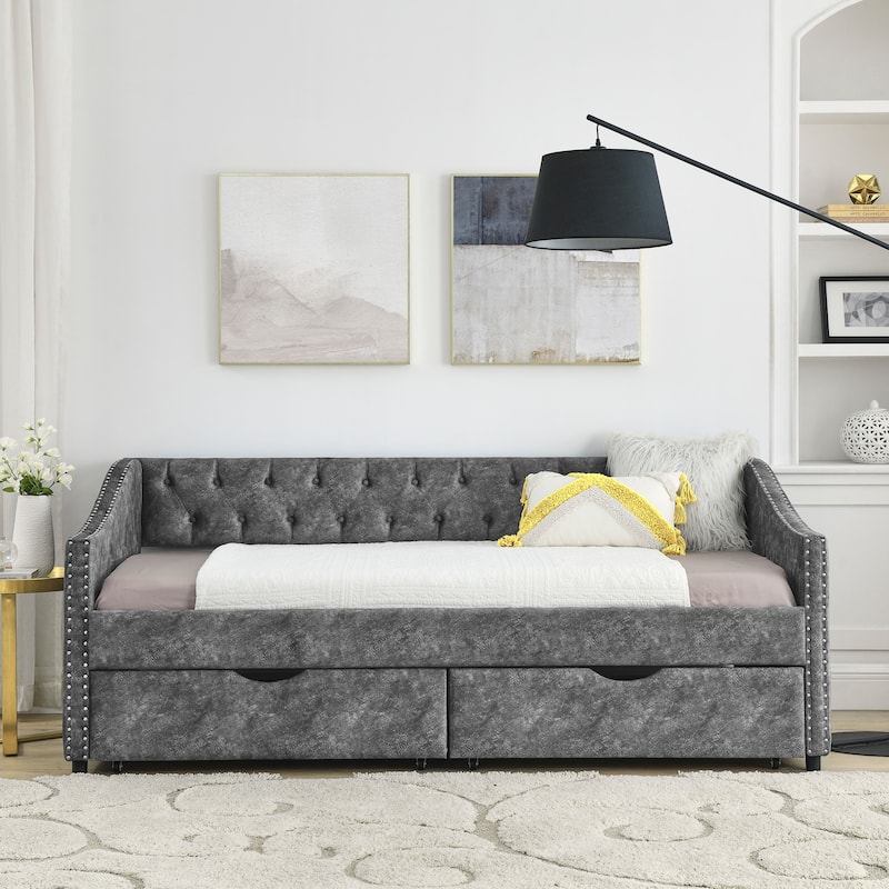 Mid-Century Linen Upholstered Daybed Platform Bed Frame with Storage Drawers, Button Tufted Back and Nailhead Trim Arms - Grey - Twin