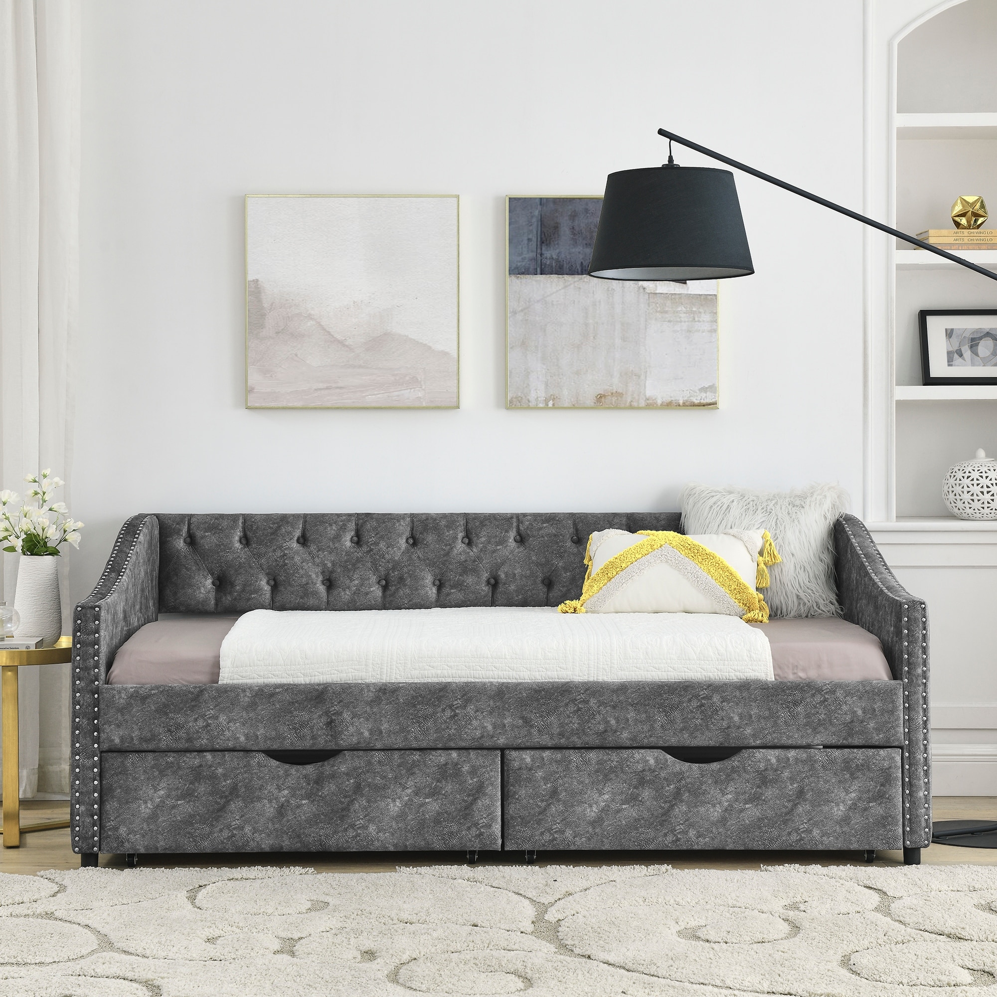 Roomfitters Twin/Full/Queen Upholstered Daybed with Tufted Backrest, Nailhead Trim and Underbed Storage Trundle, Grey