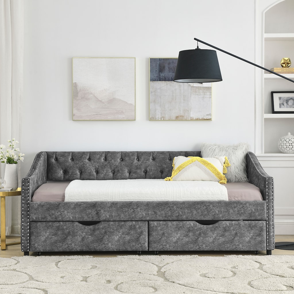 Roomfitters Twin/Full/Queen Upholstered Daybed with Tufted Backrest, Nailhead Trim and Underbed Storage Trundle, Grey