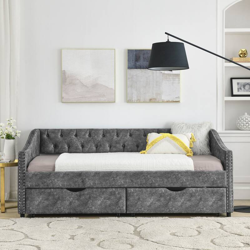 Tufted Button Daybed with 2 Storage Drawers/Upholstered Sofa Bed Frame w/Copper Nail on Waved Shape Armrests/No Spring Box Need - Grey - Twin