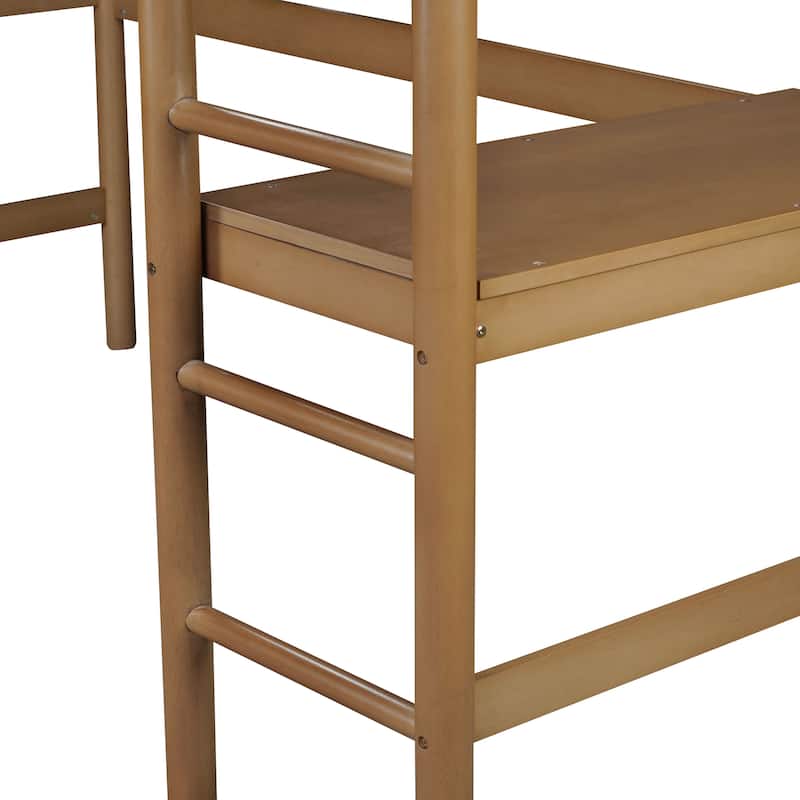 Twin Size Loft Bed with Built-in Desk, Upholstered Headboard & Footboard, Solid Rubber Wood Frame with Guardrails & Ladder