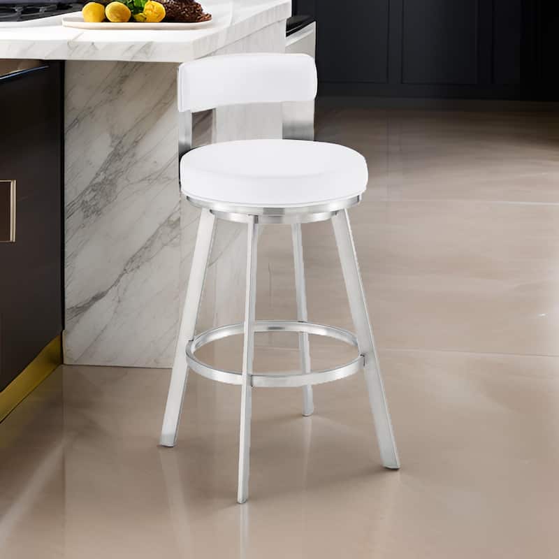 Ami 30 Inch Swivel Barstool Chair, White Faux Leather, Stainless Steel