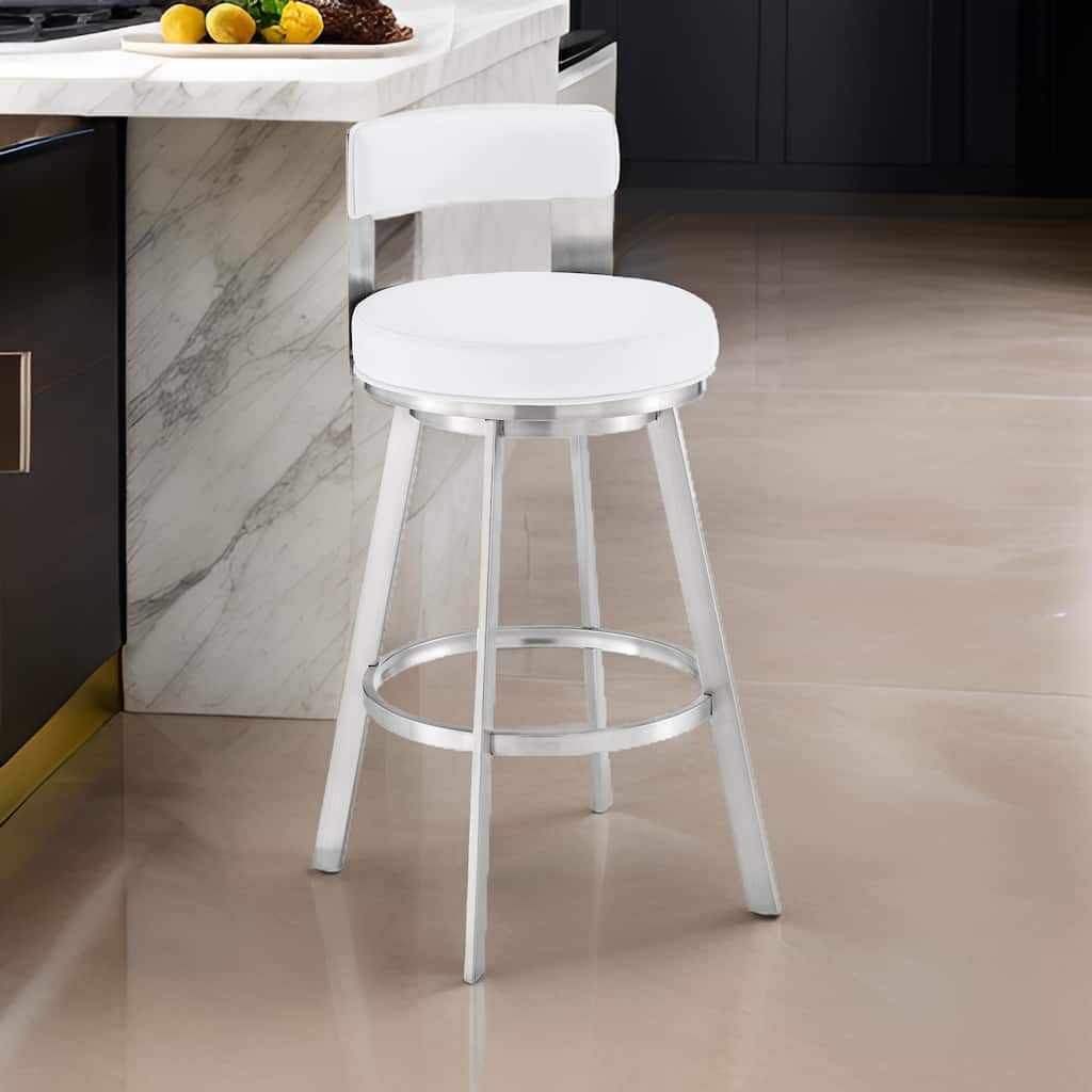 Ami 30 Inch Swivel Barstool Chair, White Faux Leather, Stainless Steel