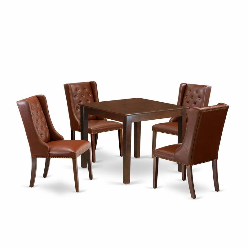 5-Piece Mahogany Finish Solid Wood Top - Square Button Tufted Dining Room Set - Seats 4