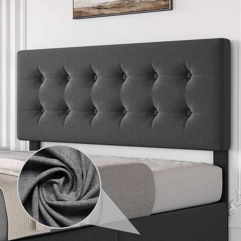 Upholstered Bed with 4 Drawers and Adjustable Button-Tufted Linen Headboard