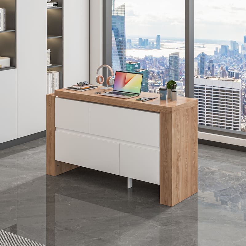 Versatile L-Shaped Desk and Vanity - White & Light Walnut Bedroom Desk