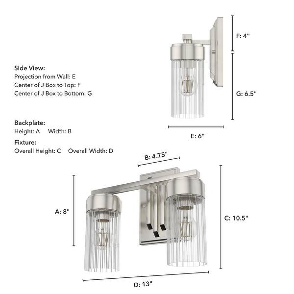 dimension image slide 2 of 8, Hunter Gatz Ribbed Glass Vanity Wall Light - Bathroom - Glam, Fluted Glass - Damp Rated!