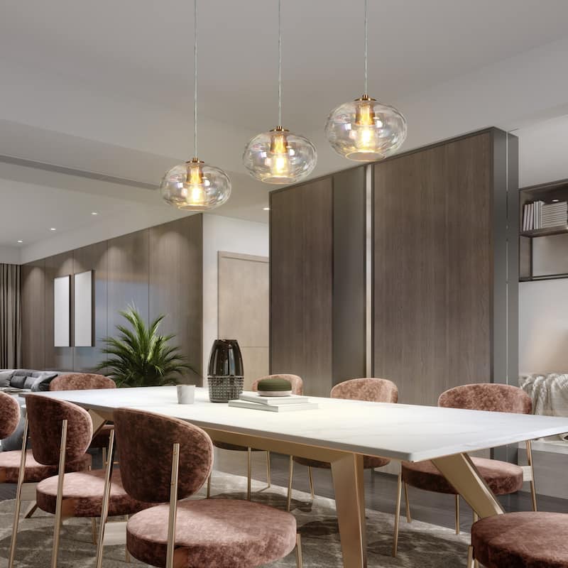 Modern 3-Light Gold Linear Chandelier Colored Ripple Glass Island Pendant Lights - W31.5" x H66" Max