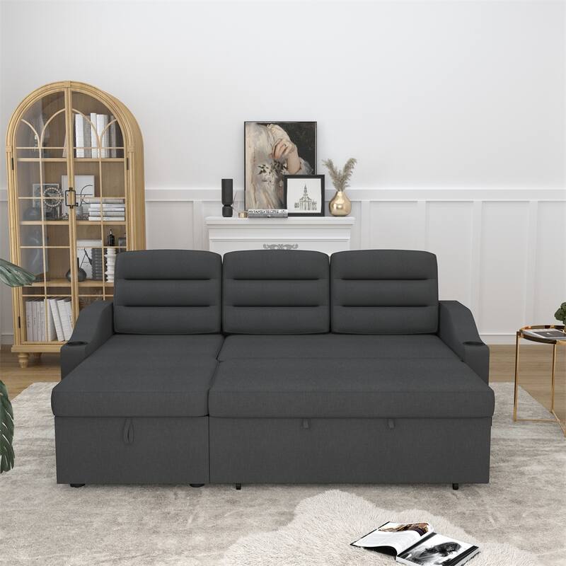 83.5" Convertible Sleeper Combo Sofa w/ Storage Recliner & Cup Holder