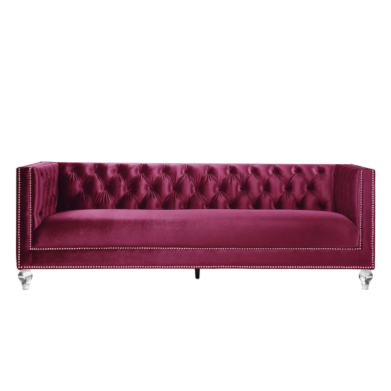 HomeRoots 89" Burgundy Velvet Sofa And Toss Pillows With Black Legs - 89