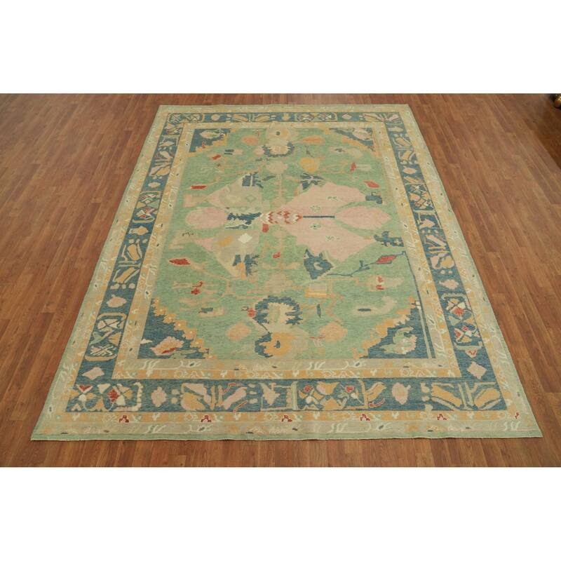 Vegetable Dye Green Oushak Turkish Area Rug, Floral Geometric Carpet - 10' 5'' X 8' 2''