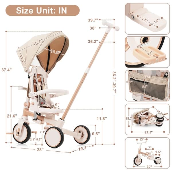 dimension image slide 0 of 5, 7 in 1 Baby Tricycle, Foldable Toddler Tricycle with Removable and Adjustable Parent Handle, Toddler Push Bike