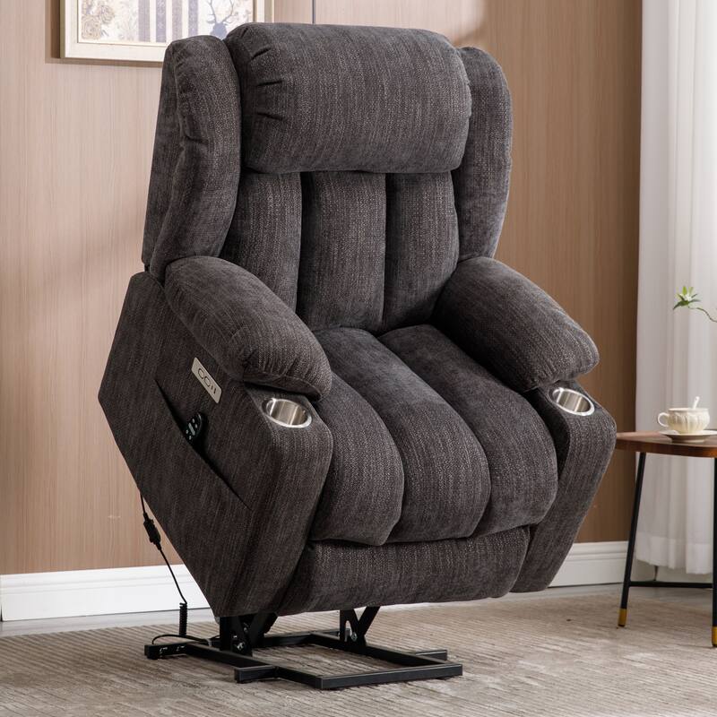 Grey Power Lift Recliner with Massage, Heat & Cup Holders