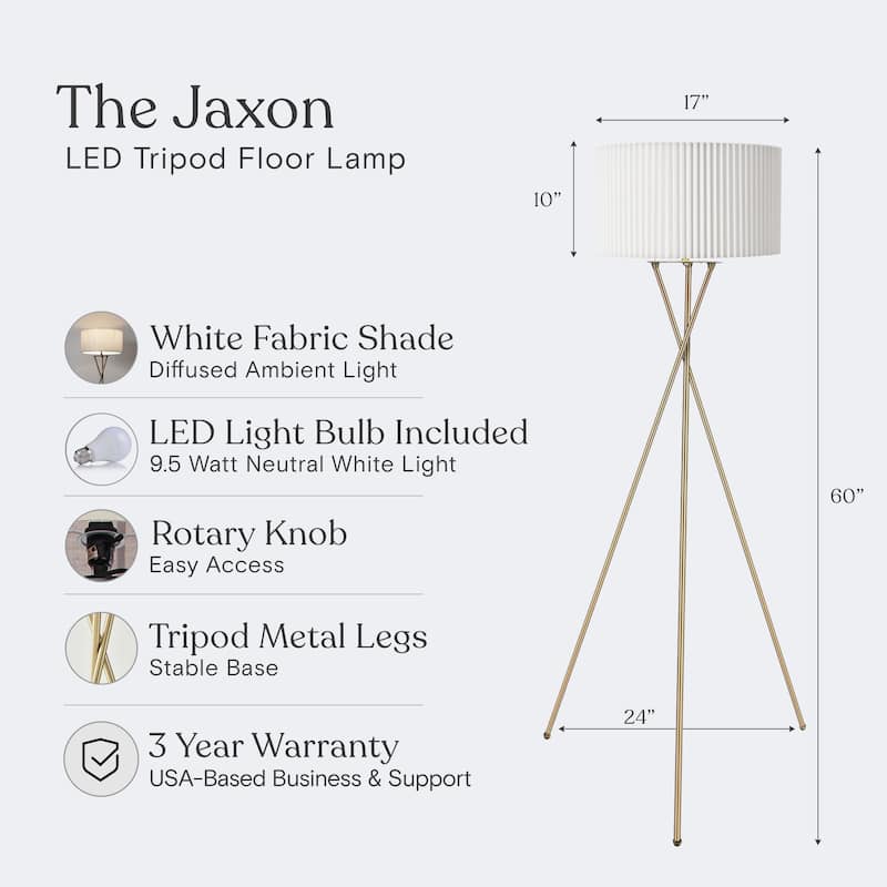 Brightech Jaxon 60 in. Antique Brass Tripod Super Bright LED Midcentury Modern Floor Lamp with White Fabric Drum Shade