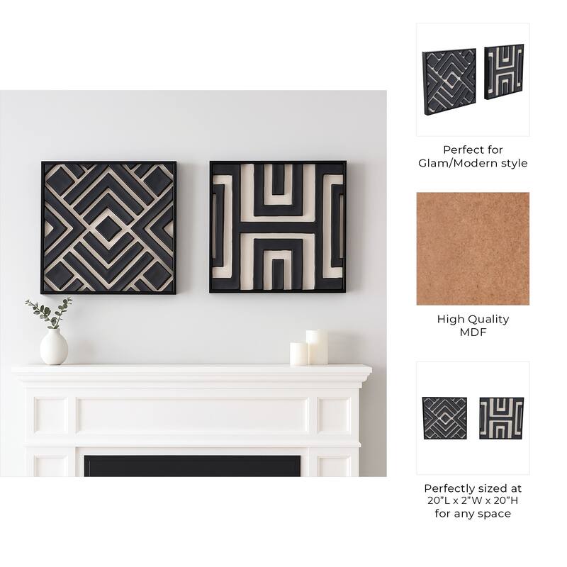 Decorative Geometric Canvas Wall Decor - Set of 2, 20", Black & Cream
