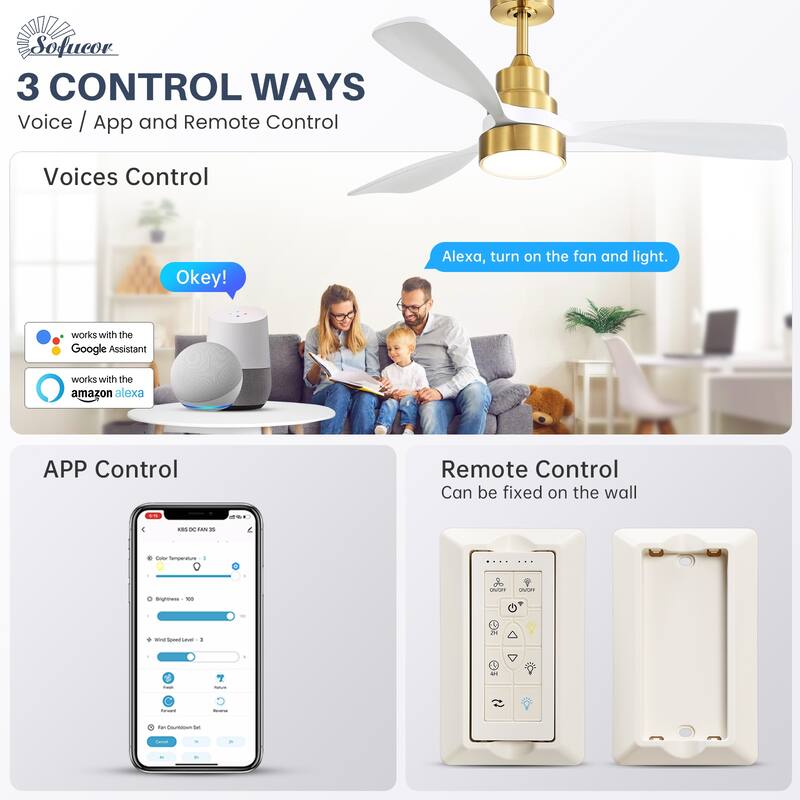 Sofucor 48 Inch Ceiling Fan with Light and Remote,Solid Wood Blades Low Profile,Smart Optional Work with Alexa/Google/App