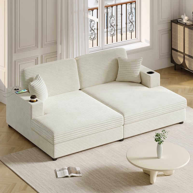 Roomfitters Oversized Loveseat Chaise Lounge Sectional Sofa Bed, Corduroy Sleeper with USB Ports, Cup Holders - Beige