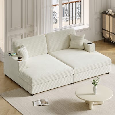 Roomfitters Oversized Loveseat Chaise Lounge Sectional Sofa Bed, Corduroy Sleeper with USB Ports, Cup Holders
