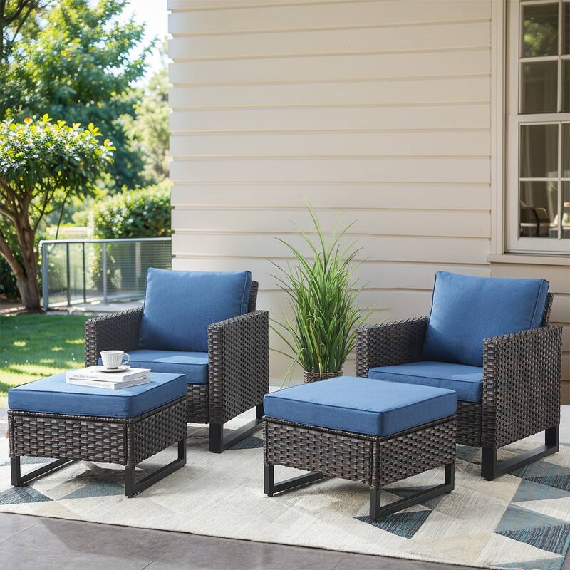 Outdoor Patio Chair and Ottoman Set - Brown - Blue