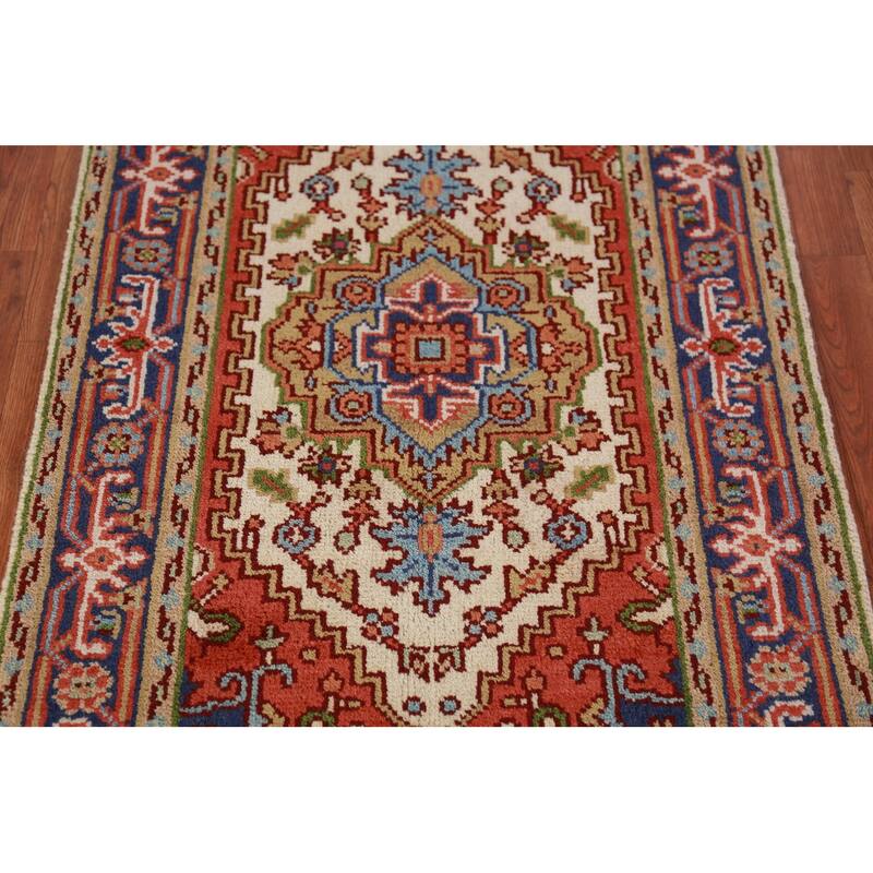 Ivory Geometric Heriz Serapi Indian Foyer Rug Handmade Wool Carpet - 3'0"x 4'11"