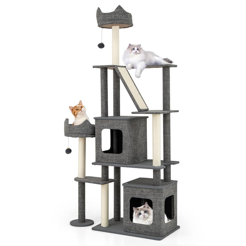 Engineered Board Cat Tree with Sisal Posts, Plush Condos and Anti-Topple Design - 34" L x 16" W x 71" H - Grey