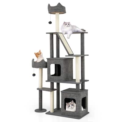 Engineered Board Cat Tree with Sisal Posts, Plush Condos and Anti-Topple Design - 34" L x 16" W x 71" H