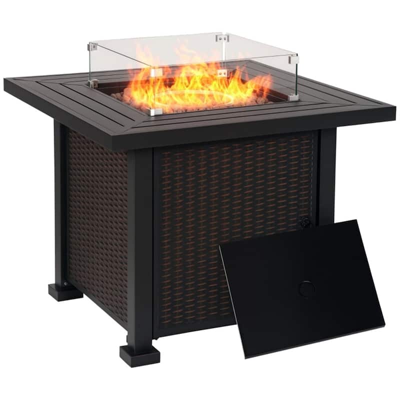 33 Inch Propane Fire Pit Table with 50000 BTU Burner Glass Wind Guard Lid Lava Rocks and Hidden Tank Storage