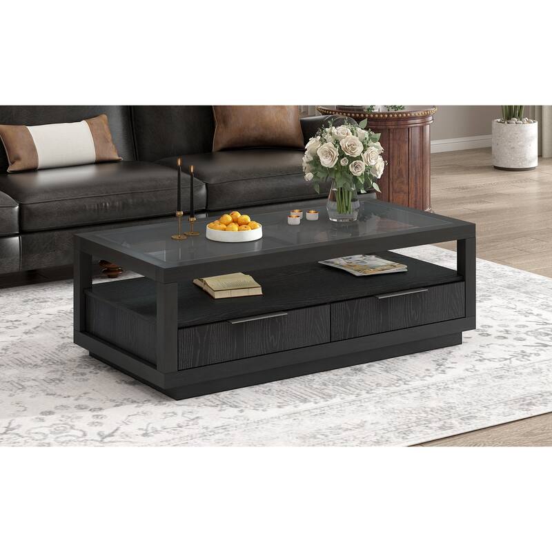 Coffee Table with Transparent Tempered Glass and 2 Drawers, Center Table with Open Storage Shelf
