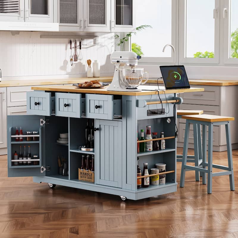 Large Kitchen Island with Drop Leaf,Power Outlet,Door Internal Storage Rack,3 Drawers(Not include bar stools) - N/A