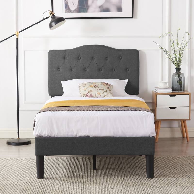 Javlergo Upholstered Platform Bed Frame with Adjustable Headboard, No Box Spring Needed - Grey - Twin